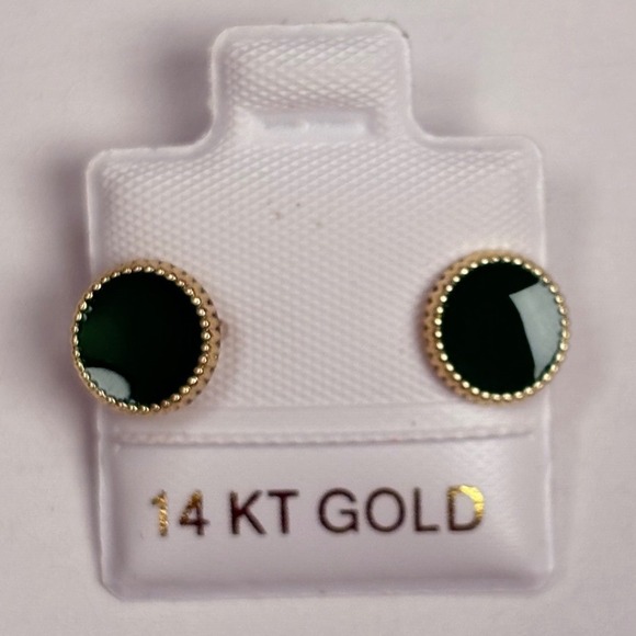 14 KT GOLD Stud Earrings Green Round Enamel Beaded Edge